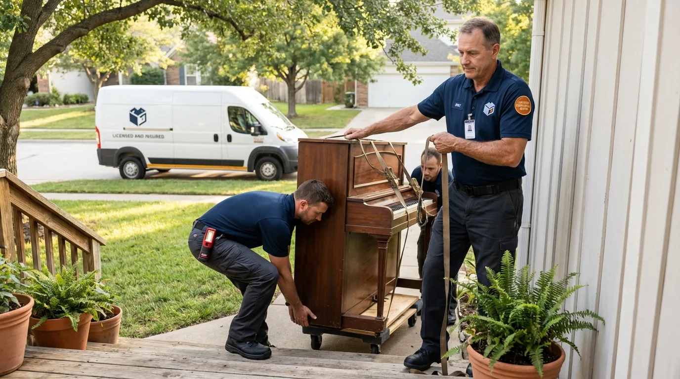 Licensed piano movers securing grand piano in Ashland, KS