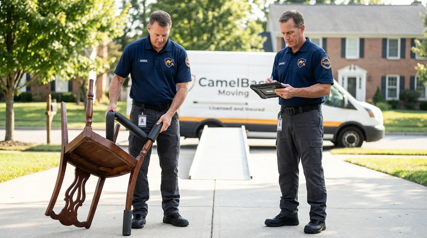 Movers inspecting furniture for damage prevention before loading in Ashland, KS