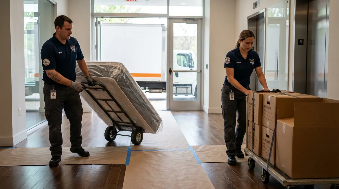 Professional apartment movers loading elevator in Ashland, KS